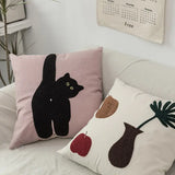 Cheeky Cat & Monstera Leaf Embroidered Cushion Cover Home Solutions Maniac