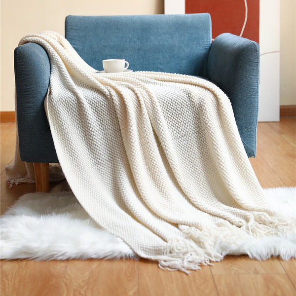 Home Decorative Thickened Knitted Blanket Corn Grain Waffle Embossed Winter Warm Tassels Throw Bedspread 130x240cm Home Solutions Maniac