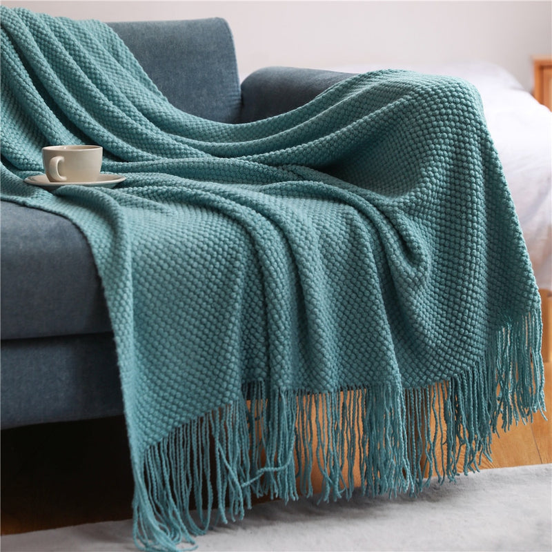 Home Decorative Thickened Knitted Blanket Corn Grain Waffle Embossed Winter Warm Tassels Throw Bedspread 130x240cm Home Solutions Maniac