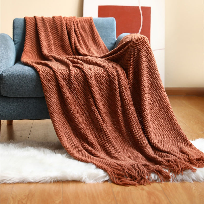 Home Decorative Thickened Knitted Blanket Corn Grain Waffle Embossed Winter Warm Tassels Throw Bedspread 130x240cm Home Solutions Maniac