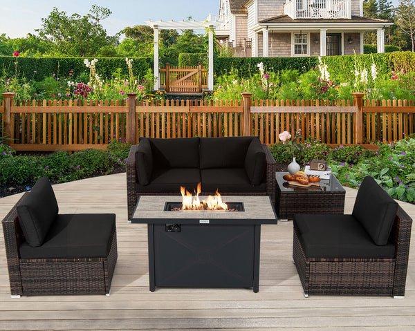 Patio joy 6PCS Patio Furniture Set Rattan Cushioned Sofa Gas Fire Pit Table Black Home Solutions Maniac