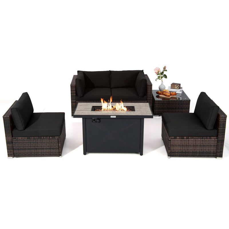 Patio joy 6PCS Patio Furniture Set Rattan Cushioned Sofa Gas Fire Pit Table Black Home Solutions Maniac