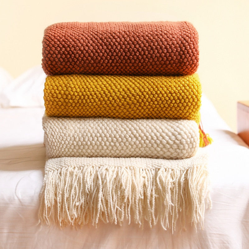 Home Decorative Thickened Knitted Blanket Corn Grain Waffle Embossed Winter Warm Tassels Throw Bedspread 130x240cm Home Solutions Maniac