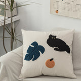 Cheeky Cat & Monstera Leaf Embroidered Cushion Cover Home Solutions Maniac